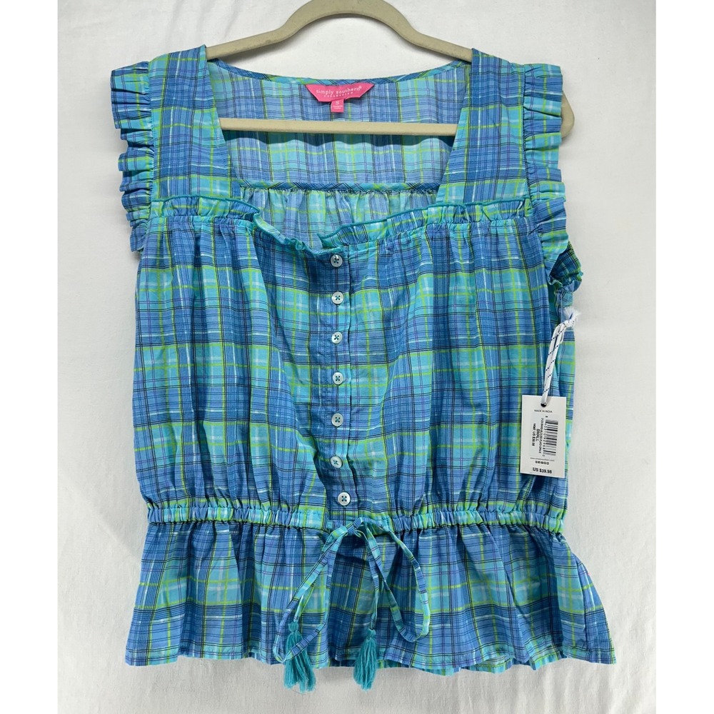 Simply Southern Plaid Smocked‎ Peplum Blouse Blue Green Ruffle Top Small